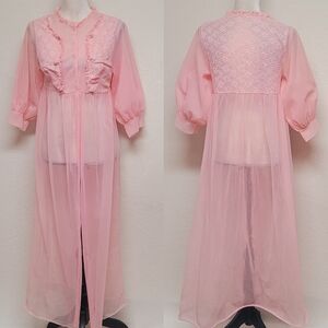 Vintage 50s Cotton Candy Pink Sheer Lace Chiffon Puff Sleeve Peignoir Robe M
